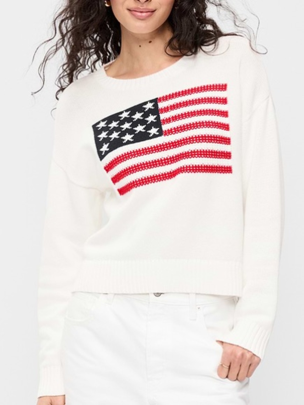 NWT Old Navy Seaside Cotton Long-Sleeve American Flag Sweater XXL White